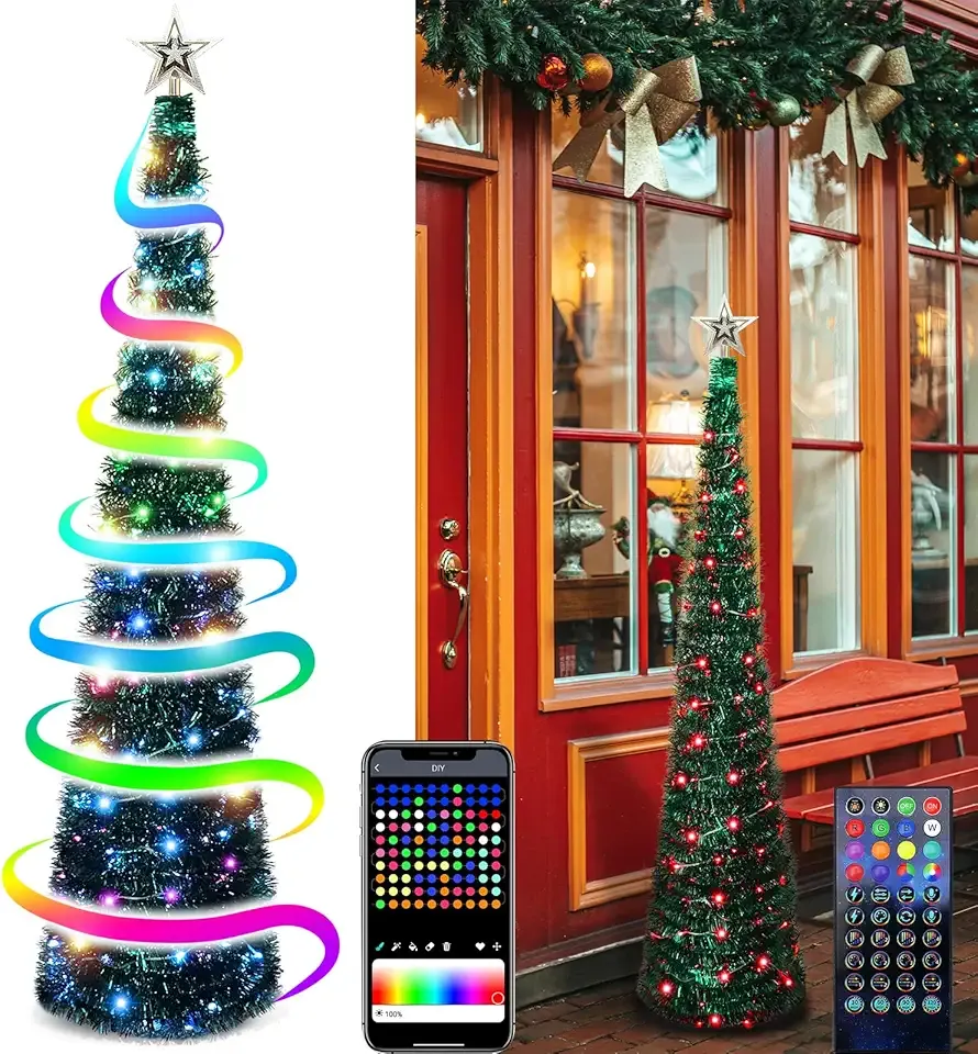5Ft Pop Up Christmas Tinsel Tree with Multi-Color Timer LED Lights, Collapsible Pencil Christmas Tree with Remote, App-Controlled Artificial Christmas Tree for Corner Home All Year Decoration