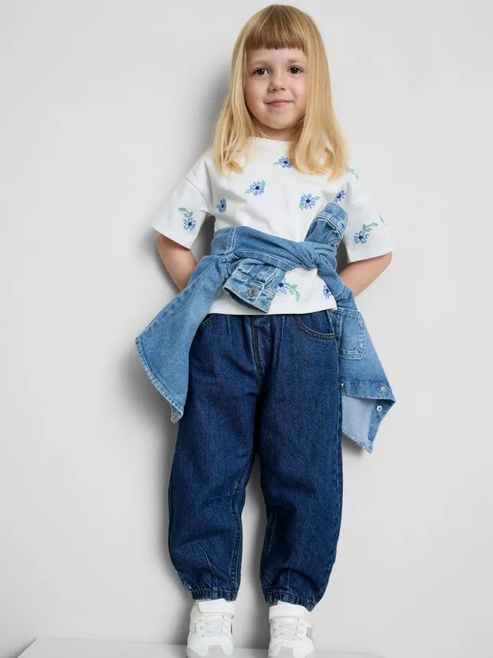 1–9 ans | Jean barrel en pur coton à taille froncée