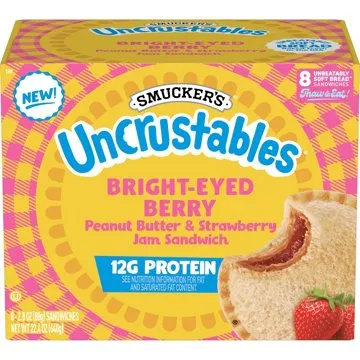 Smucker's Uncrustables Bright-Eyed Berry Peanut Butter & Strawberry Jam 12g Protein Sandwiches, 8 ct