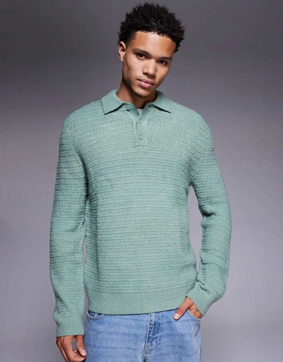 ASOS DESIGN knitted textured polo in sage