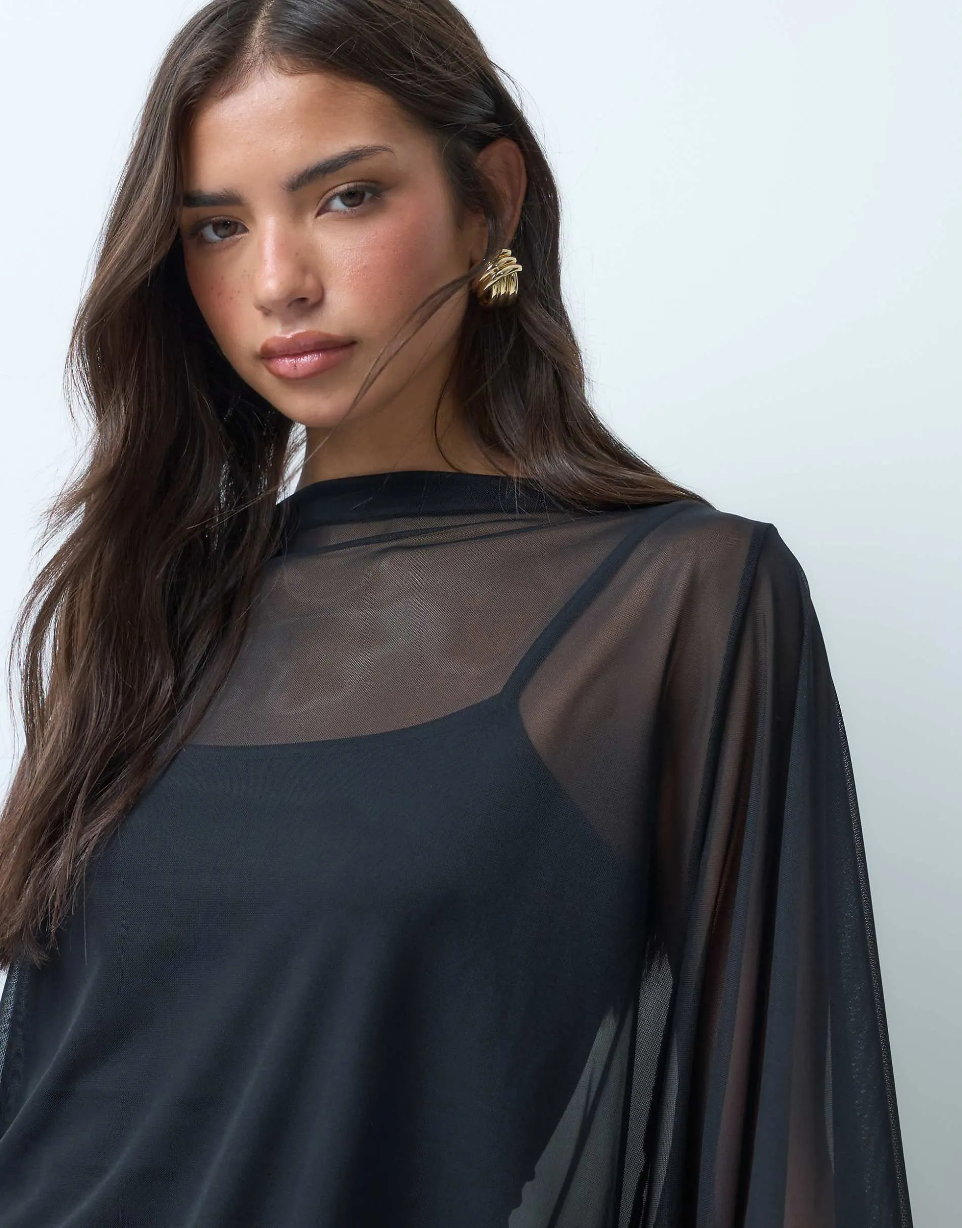 ASOS DESIGN mesh blouson drape mini dress in black