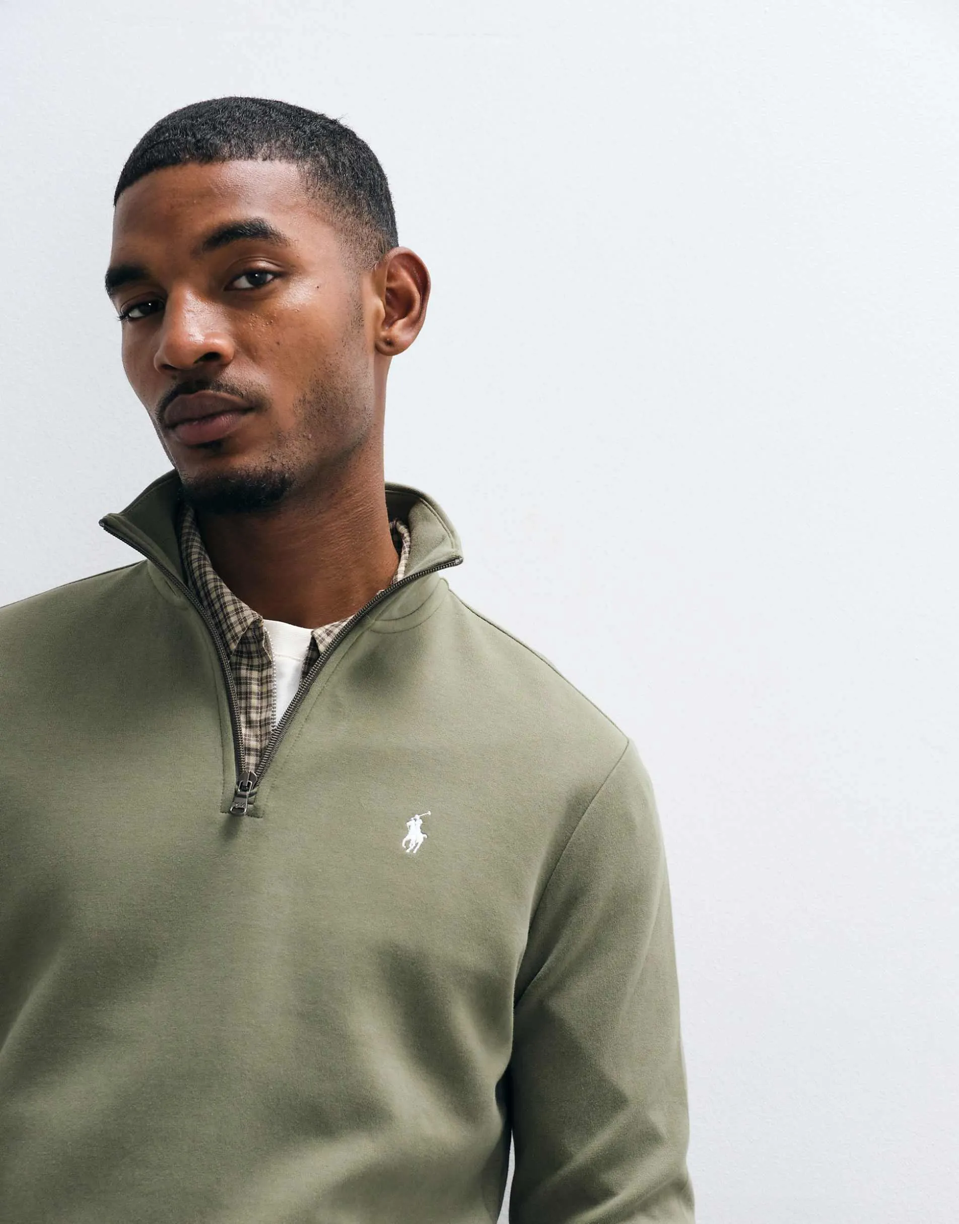 Polo Ralph Lauren icon logo double knit jersey quarter zip sweatshirt in khaki