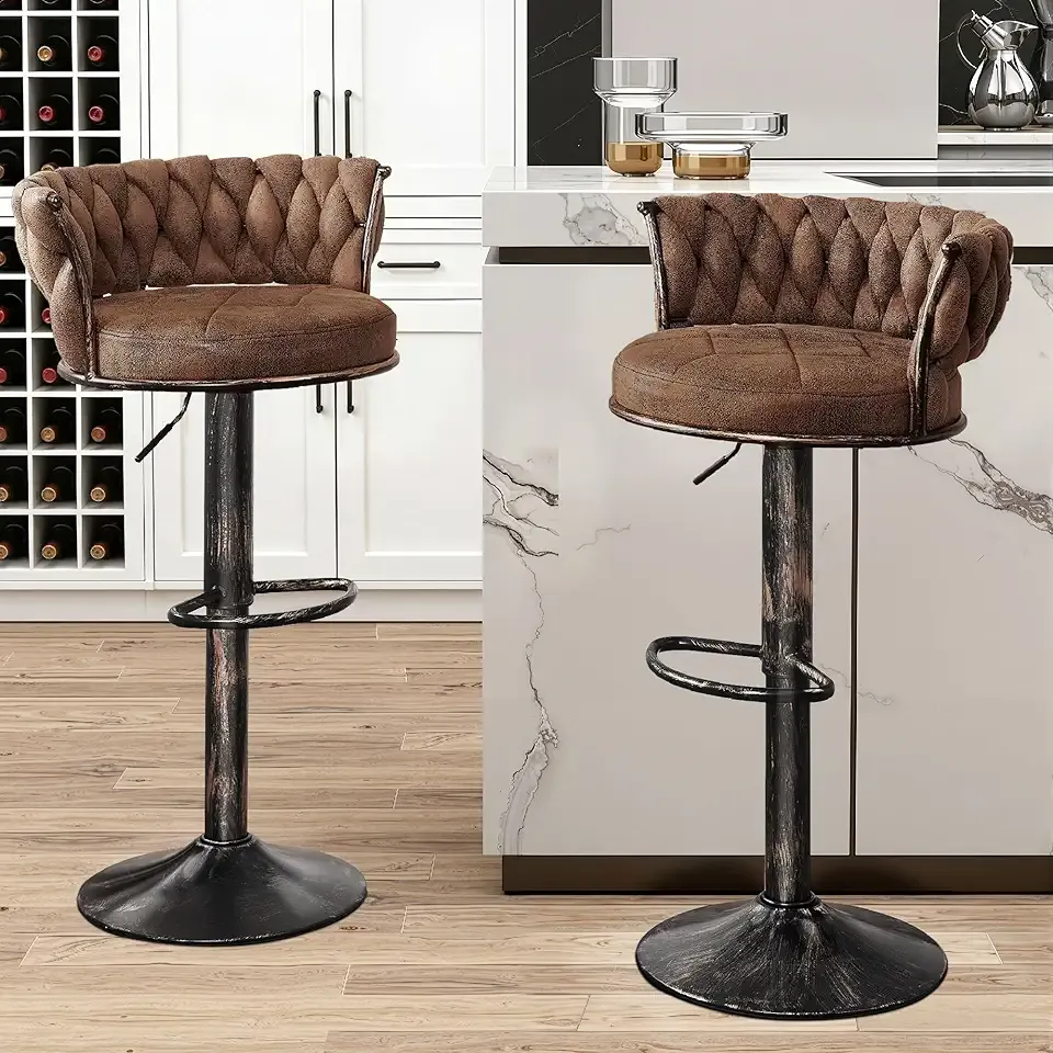 VECELO Bar Stools Set of 2, Adjustable Barstools Counter Height Stools with Back and Arm, 360° Swivel Bar Chair with Metal Leg Base for Kitchen Island Counter, Industrial Style, Dark Brown