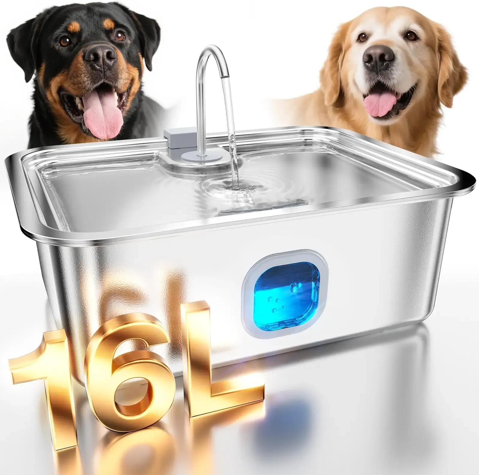 4.2Gal Dog Water Fountain for Large Dogs, 16L Dog Fountain Water Bowl | Stainless Steel with Deeper & Wider Drinking Tray, Automatic Pet Water Dispenser with Visible Window for Multi-Pets Families