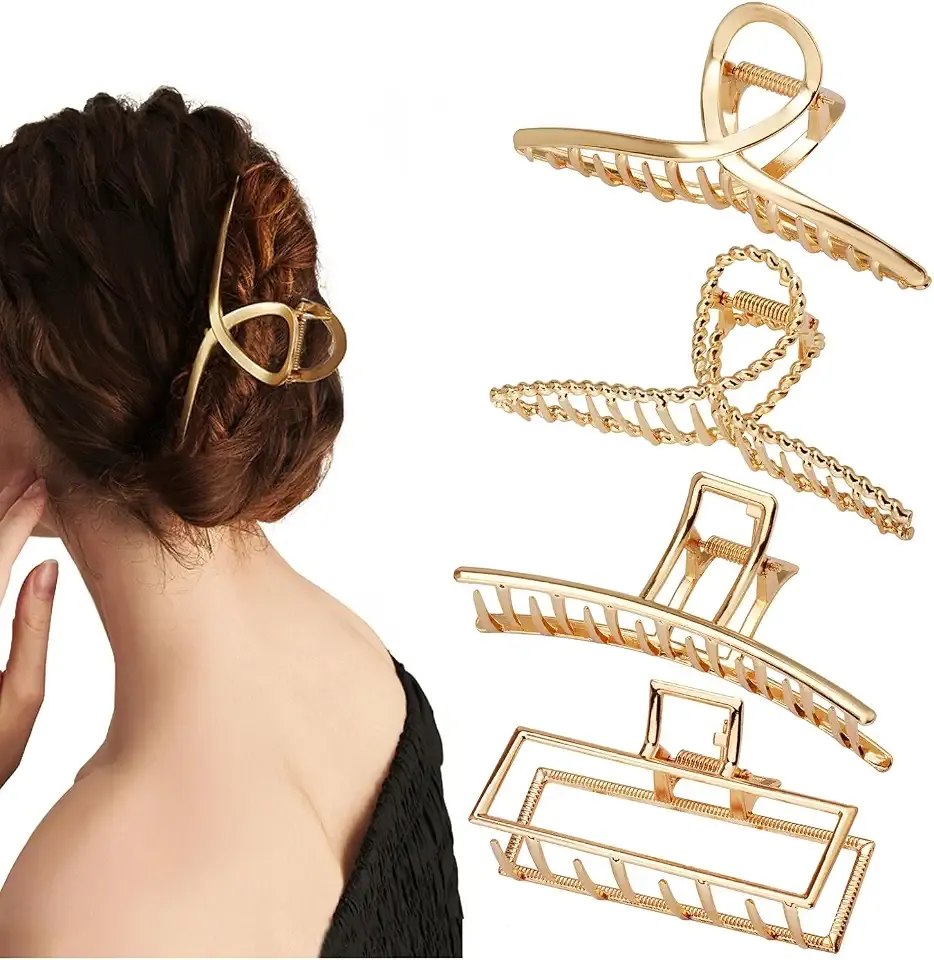 Parcce 4 Pack Large Metal Hair Clips for Thin to Thick Curly Hair, 4.3 Inch Big Nonslip Gold Color Clamps, Perfect Fashion Jaw Claw Hair Styling Accessories for Women and Girls, Christmas Gifts
