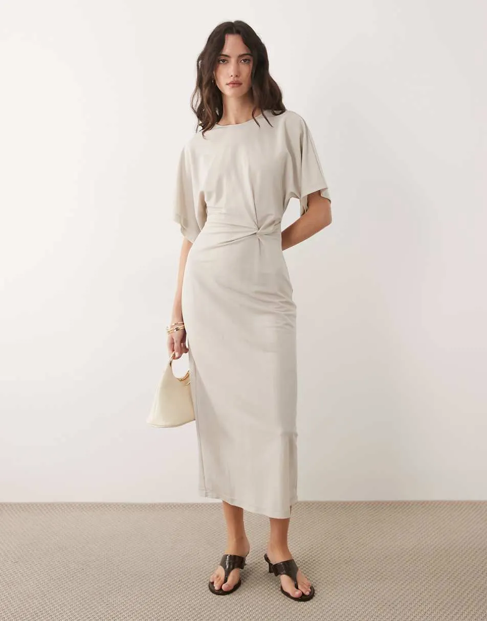 Mango t-shirt dress with twist detail in beige