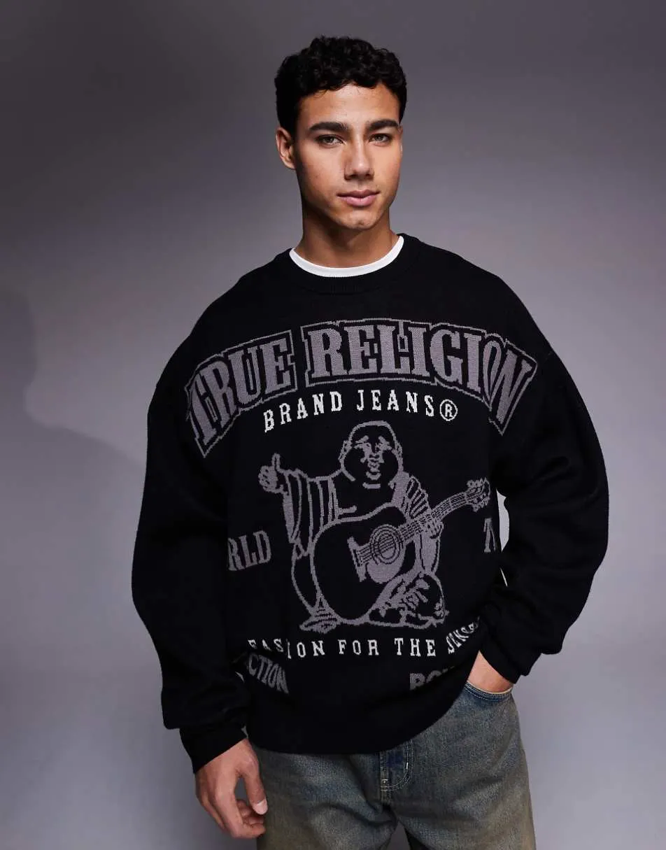 True Religion graphic logo cinched knit jumper in black