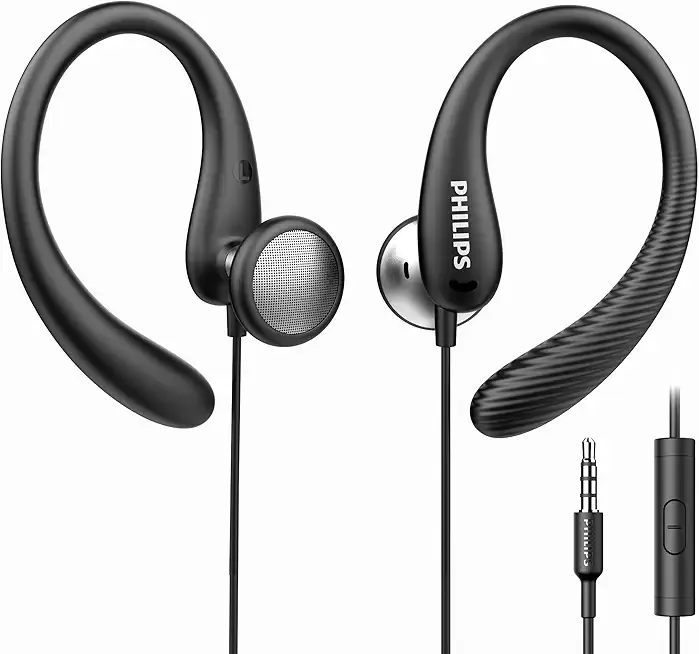 Over The Ear Earbuds, Flexible Wrap Around Earbuds, Around Ear Headphones with Mic Behind The Ear Headphones, Perfect for Sports, Running, Exercise, Gym (Black)