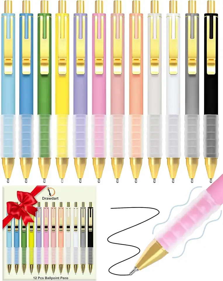 12 Pcs Smooth Writing Pens - 1.0mm Black Ink Ballpoint Pens with Super Soft Grip| Long Lasting Retractable Pen for School, Office & Home Supplies
