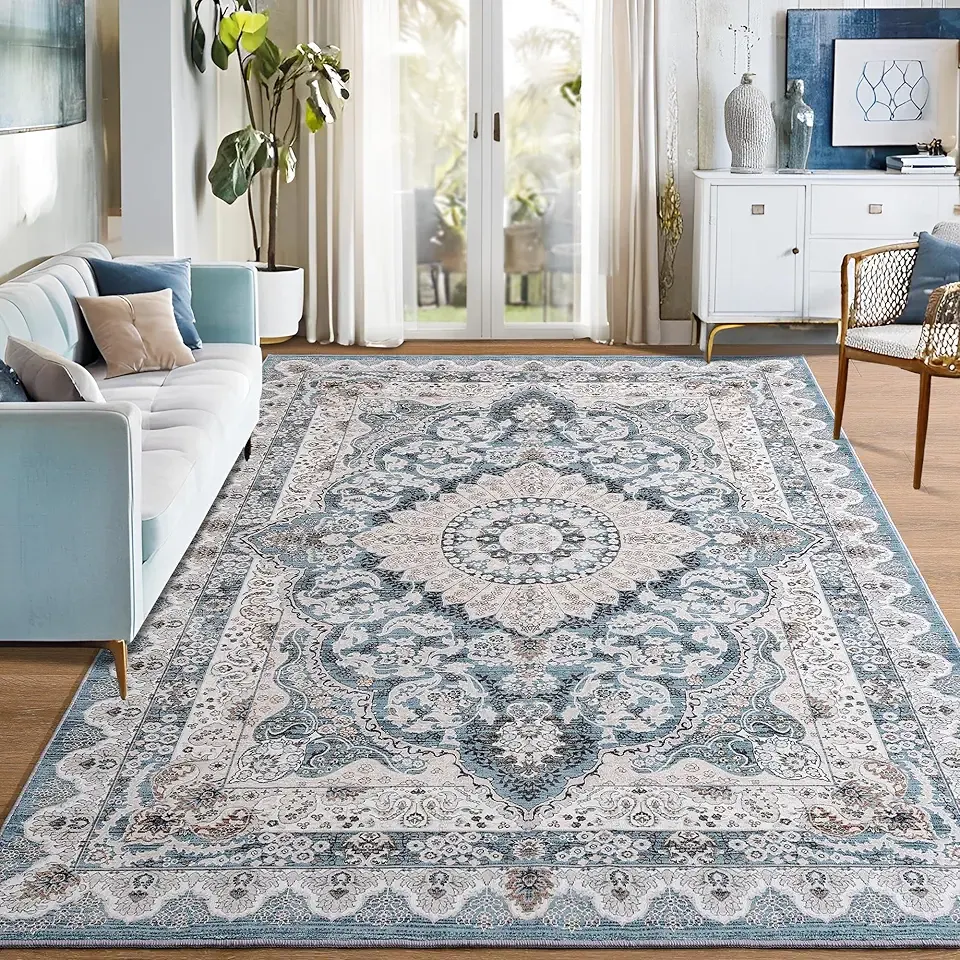 Foxmas 6x9 Area Rugs for Living Room, Machine Washable Vintage Rug, Non-Slip Low Pile Throw Rugs with Rubber Backing Washable Carpet for Bedroom Dining Room Kitchen Home Decor, Blue