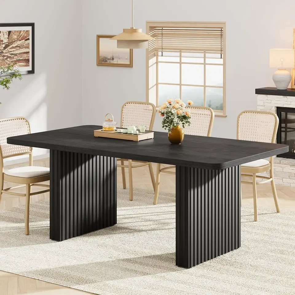 Garvee Modern Dining Table for 6-8, 71" Rectangular Farmhouse Kitchen Table with 3.6"×22.9" Black Fluted Wave Metal Legs & Wooden Top, Large Dining Table for Home Office, Dining, Black