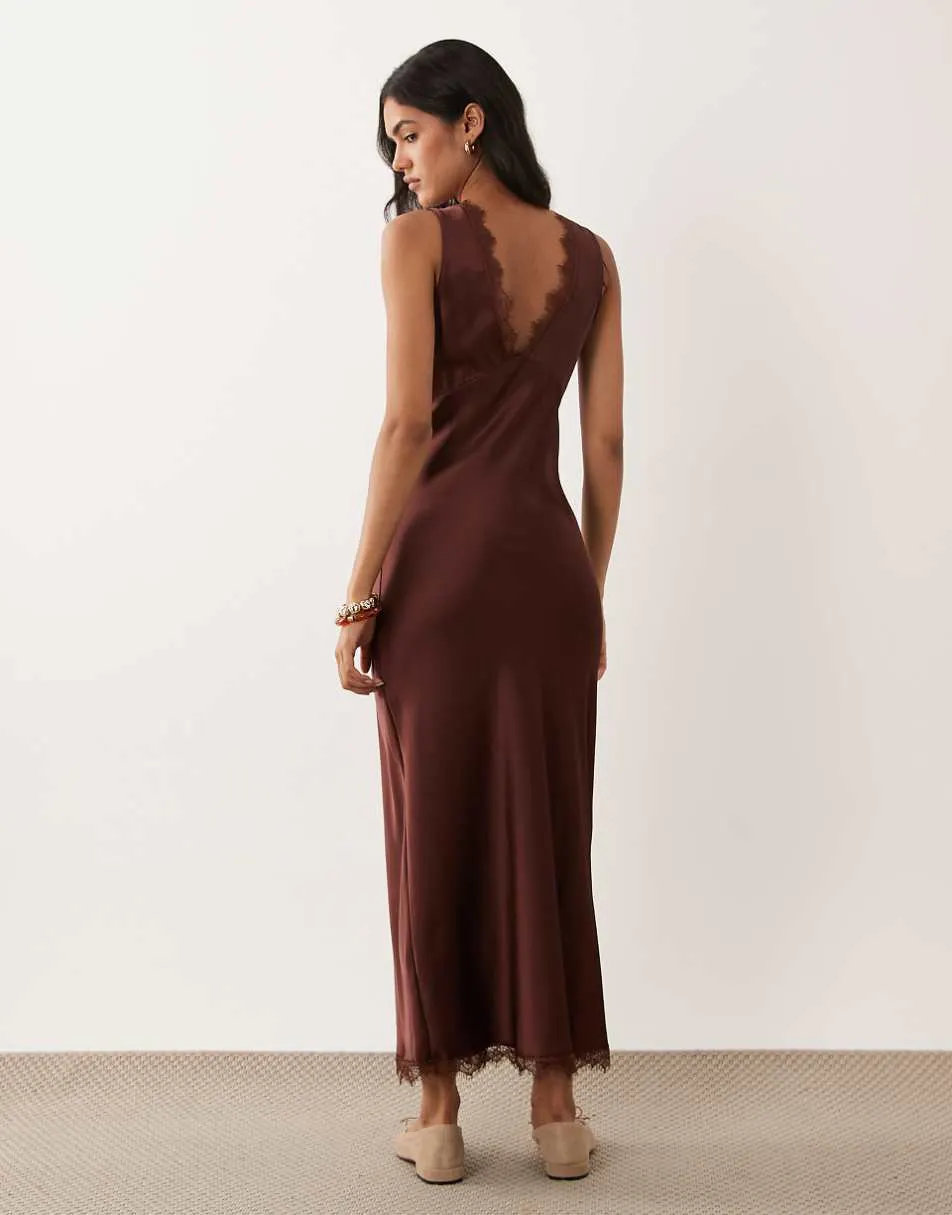 New Look lace trim satin midi dress in dark brown