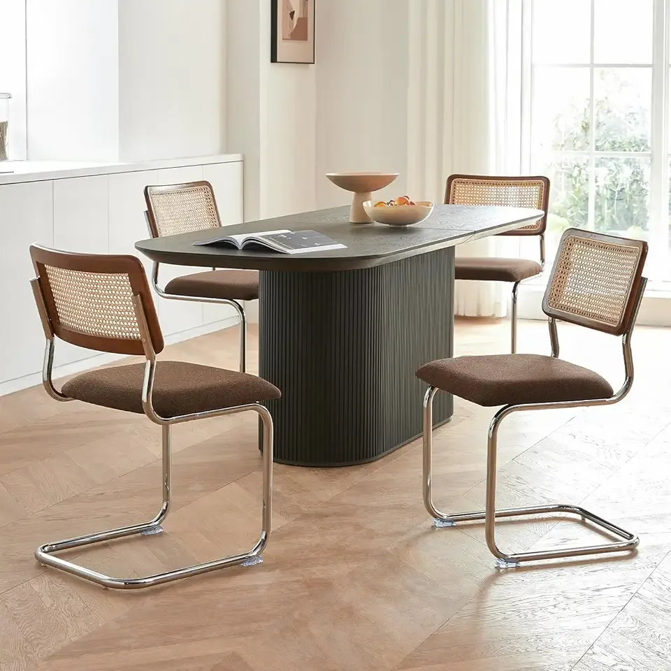 GrandNoor Rattan Dining Chairs Set, Wooden Mid Century Modern Dining Room Chairs, Mesh Back Cane Kitchen Chair, Cesca Design Chairs with Metal Chrome Legs (Brown, 4PCS Dining Chairs)