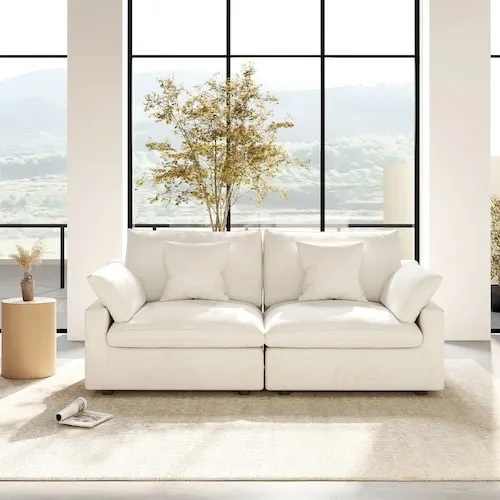 Modular Large Seat 83 in. Plush Linen Loveseat Cloud Couch Sofa in White with Washable Cover for Apartment