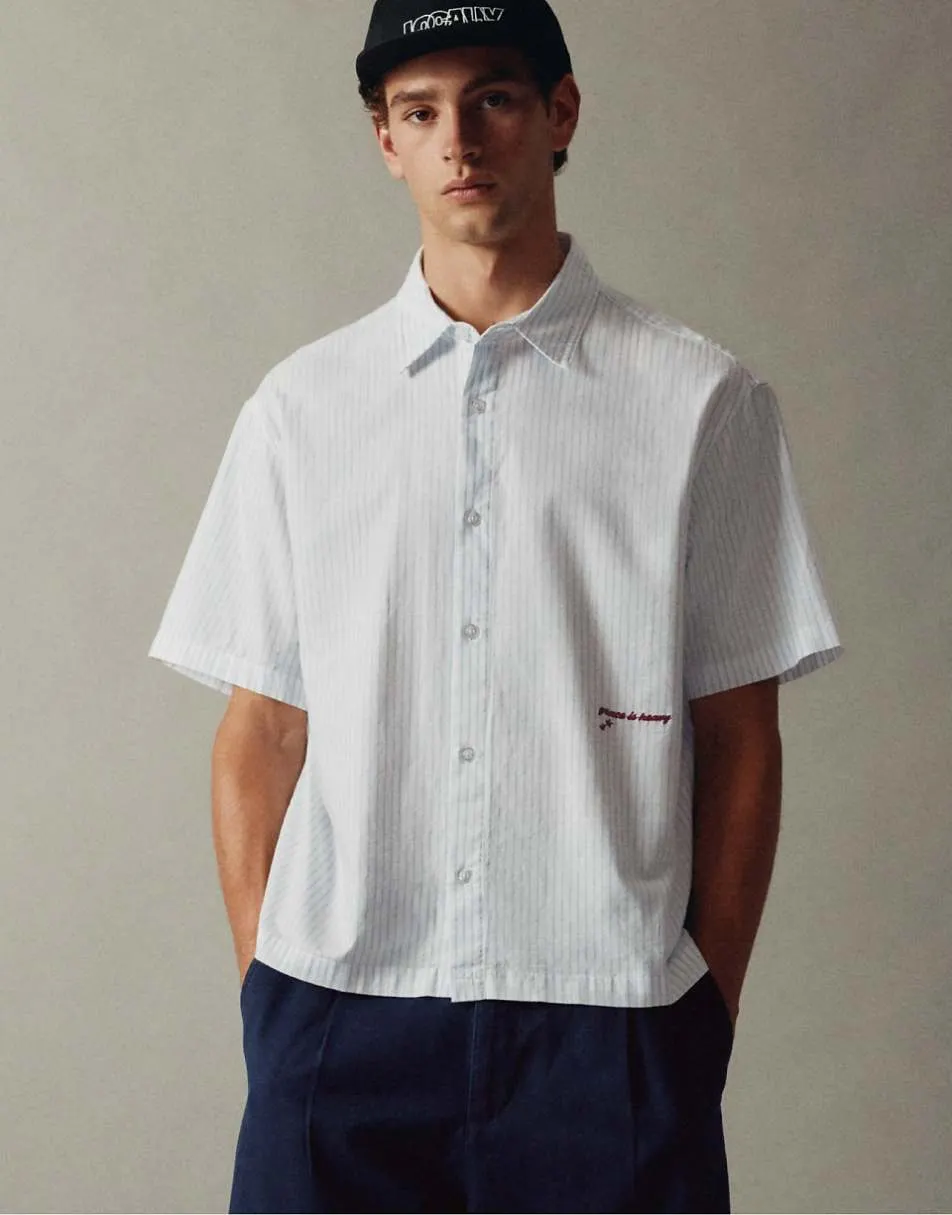 Pull&Bear Striped short sleeve shirt in pale ecru