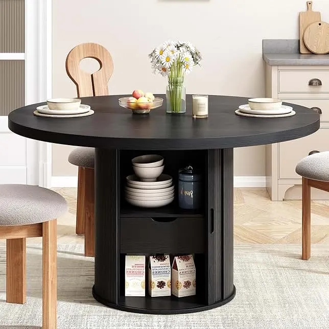 47 inch Round Dining Table for 4, Circle Kitchen Table with 2-Layer Storage Shelf and a Drawer, Modern Farmhouse Dinner Tables with Sliding Door and Wood Strip Base for Kitchen, Living Room (Black)