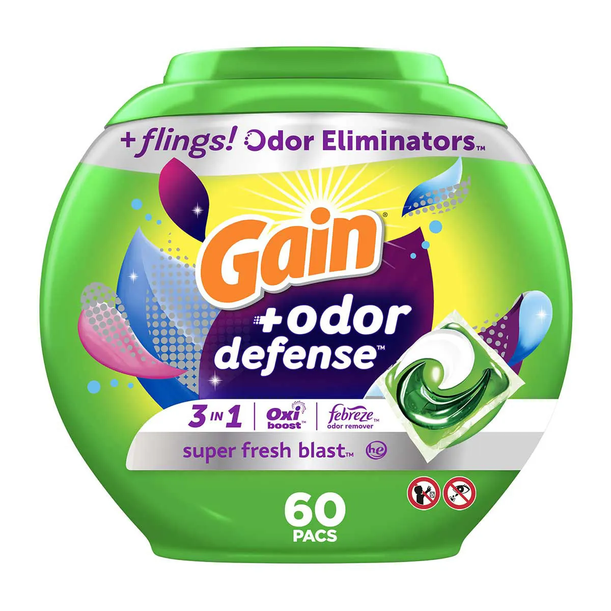 Gain with Odor Defense 3 in 1 Laundry Detergent Packs, 60 ct