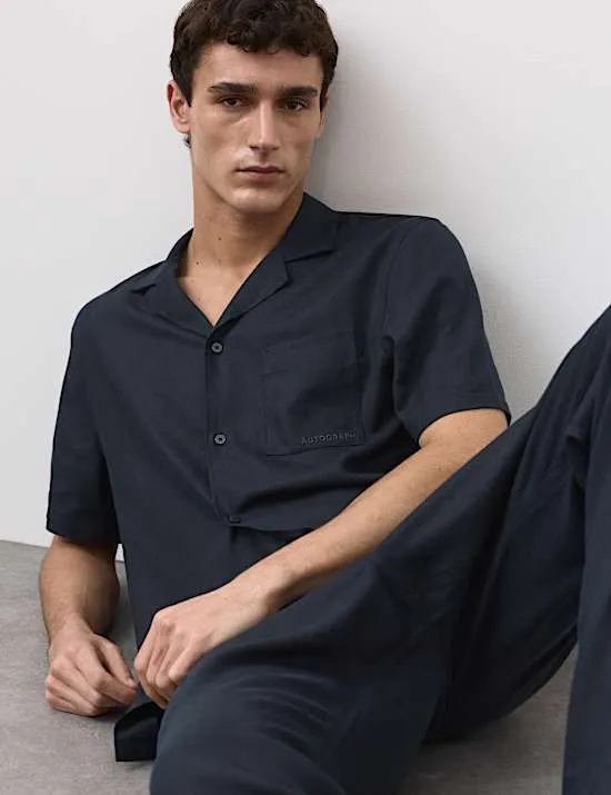 Schlafanzugoberteil aus Leinenmischgewebe mit Reverskragen