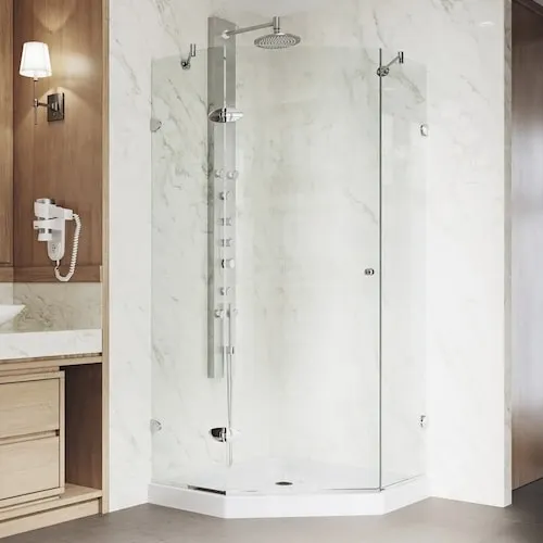 Verona 36L x 36W x 77H in. Frameless Hinged Neo-angle Corner Shower Kit with Shower Base in Chrome with 3/8 Clear Glass