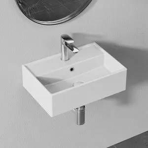 Lavabo de cerámica, lavabo de cortesía, lavabo de pared o sobre encimera con orificio para grifería y rebosadero, 45 x 31 x 13,5 cm HOROW