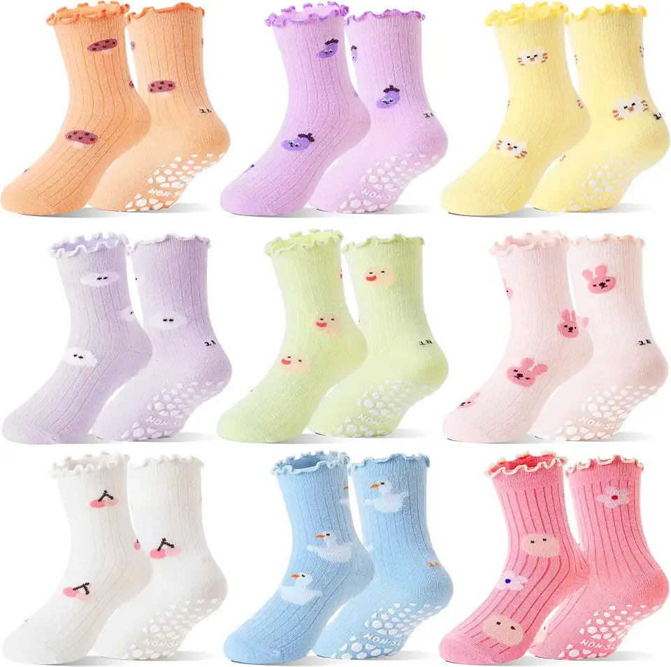 Baby Girls Toddlers Ruffle Grip Socks for Kids Non Slip Anti Skid Frilly Cute Funny Cotton Crew Socks 9 Pairs
