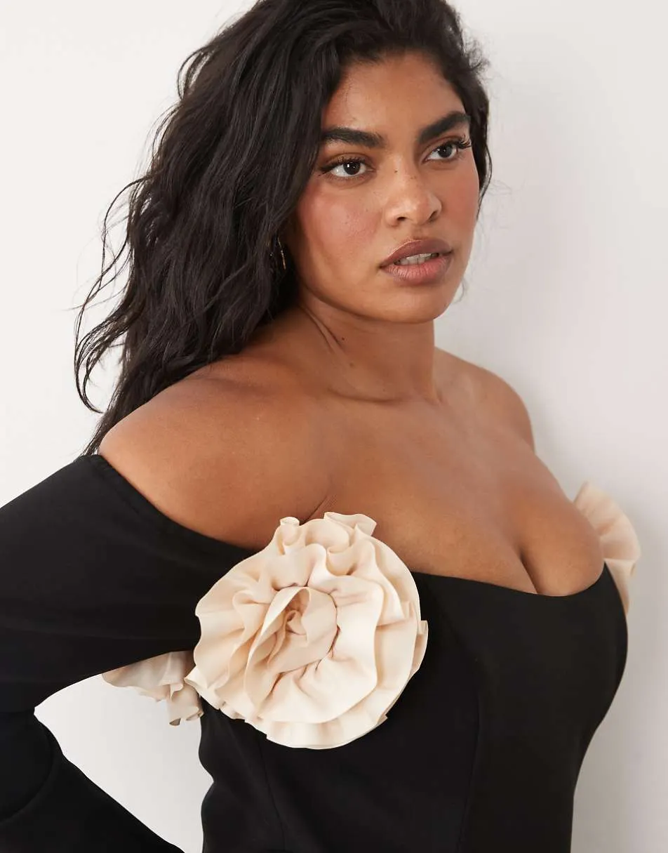 ASOS LUXE curve bardot mini skater dress with corsage details in black