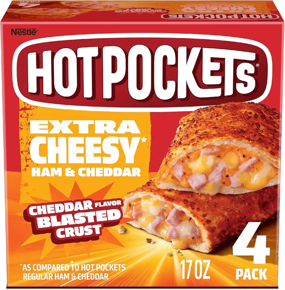 Hot Pockets Extra Cheesy Ham and Cheddar, Hot Pockets Ham and Cheese Sandwich, Frozen Snacks, Air Fryer Snacks, 9g Protein, Frozen Sandwiches, 4-Pack