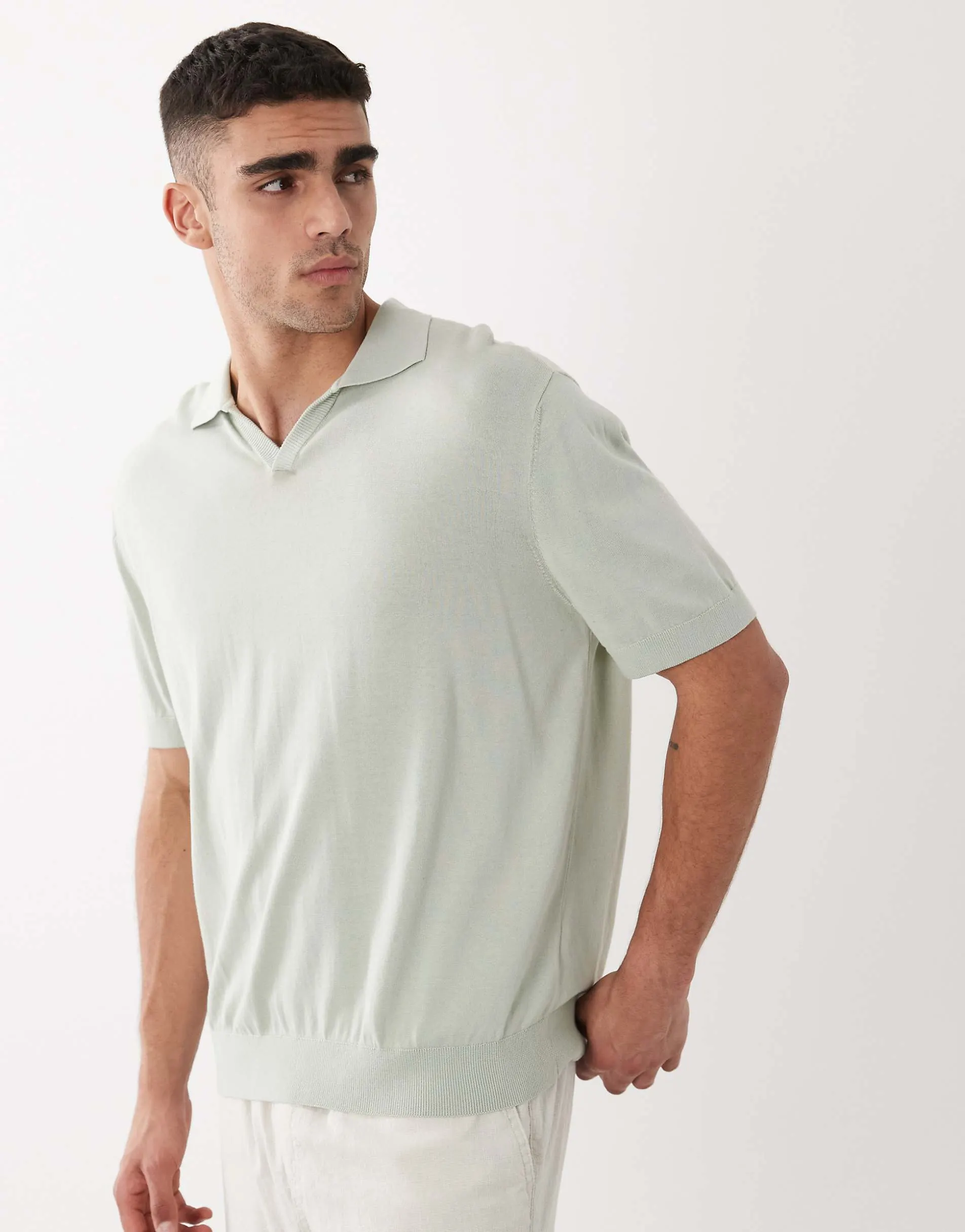 Selected knit split neck polo in sage green