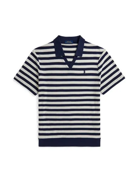 Striped Pointelle-Ribbed Polo Shirt Newport Navy/Pale Cream