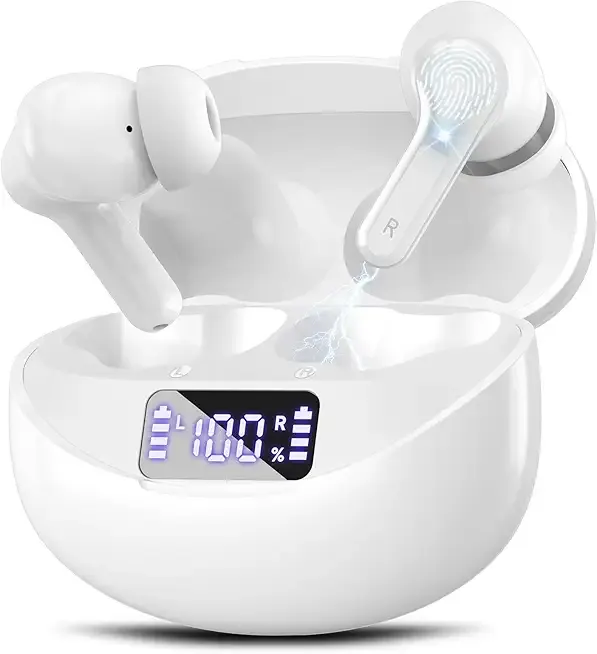 Wireless Earbuds, Bluetooth 5.4 HiFi Stereo Headphones with Noise Cancelling Mic, 50H Playback in Ear Buds with LED Digital Display, IPX7 Waterproof Earphones for Office/Running/Workout White