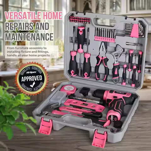 ​Hi-Spec 133PC Power Tool Sets with 8V Lithium Drill - Pink Home Repair Tools Kit Set & Magnetic Precision Bits 3-Tier Toolbox