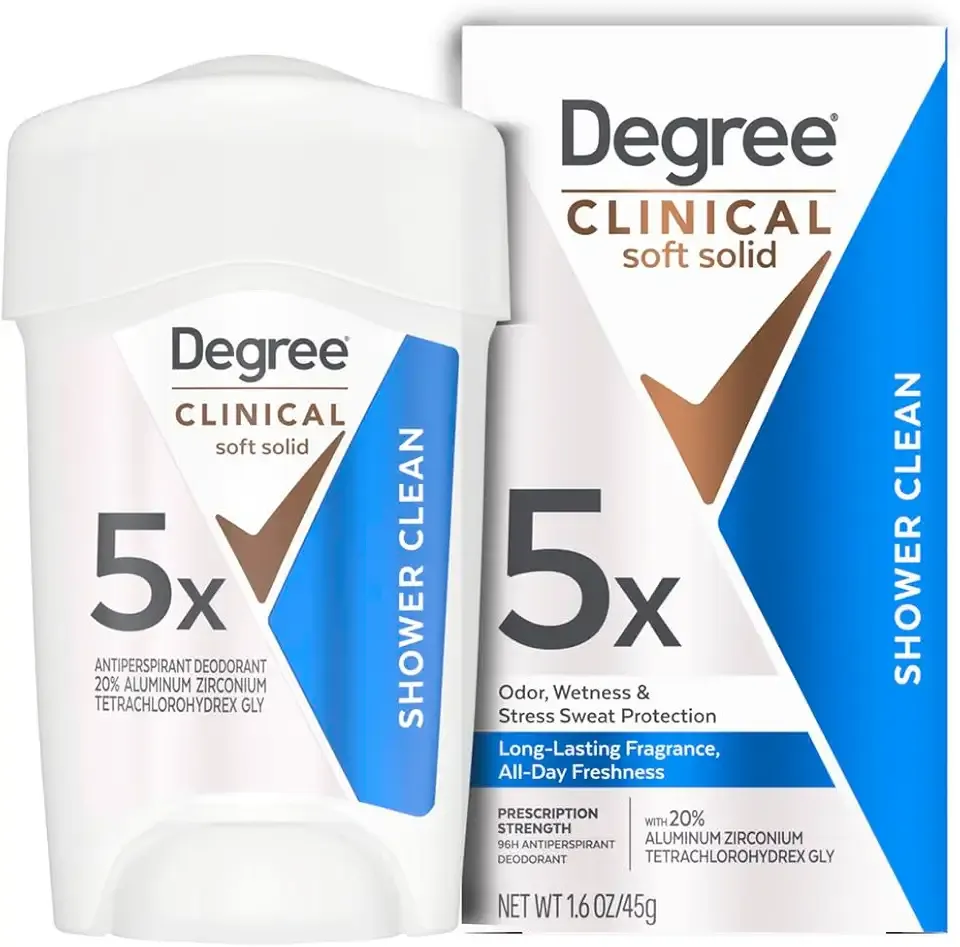 Degree Clinical Strength Antiperspirant Deodorant Shower Clean Soft Solid 96-Hour Sweat and Odor Protection 5x Types of Sweat 1.6 oz