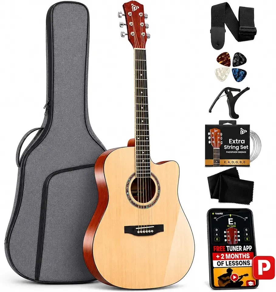 Pyle Beginner Acoustic Guitar Kit - Full Size 41” Cutaway Dreadnought Natural Matte Finish w/Upgraded Gig Bag, Tuner, Steel Strings, Picks, Strap, Capo, For Beginners/Adults - (Natural, Gloss)