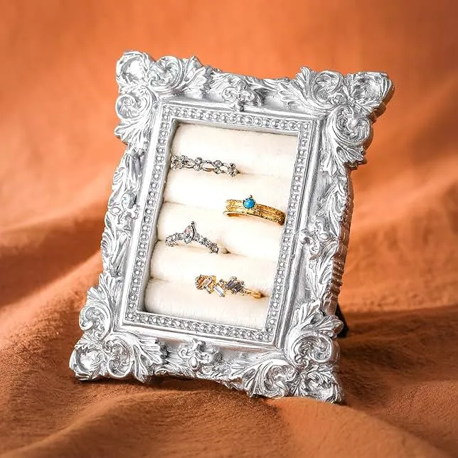 Liliaafar Vintage Ring Holder Rectangle Sliver Ring Display Stand Frame Earring Display Tray Anniversary Engagement Baroque Wedding Jewelry Organizer Photograph Prop for Women Christmas Gift