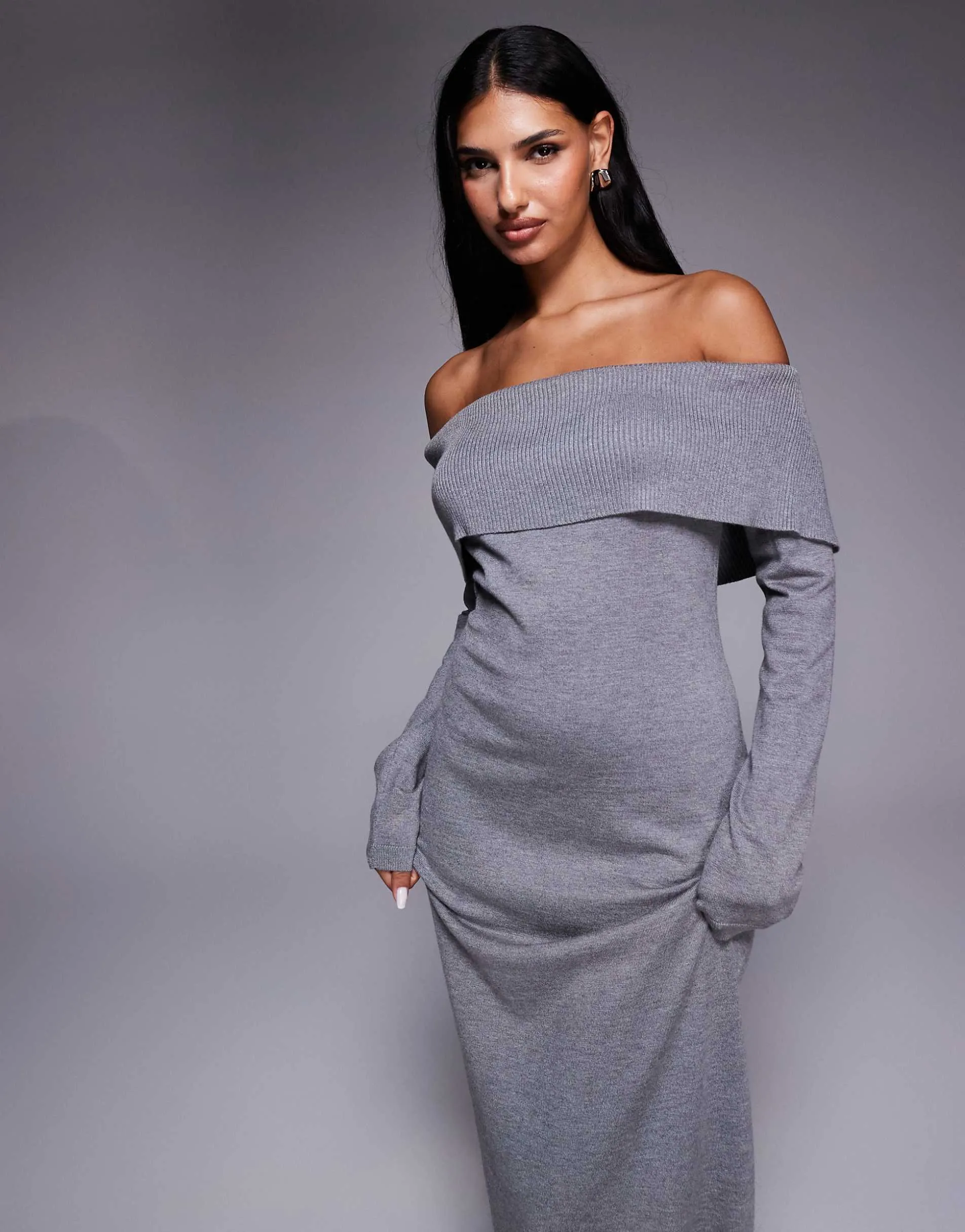 Kaiia exclusive slouchy bardot foldover knitted maxi dress in grey