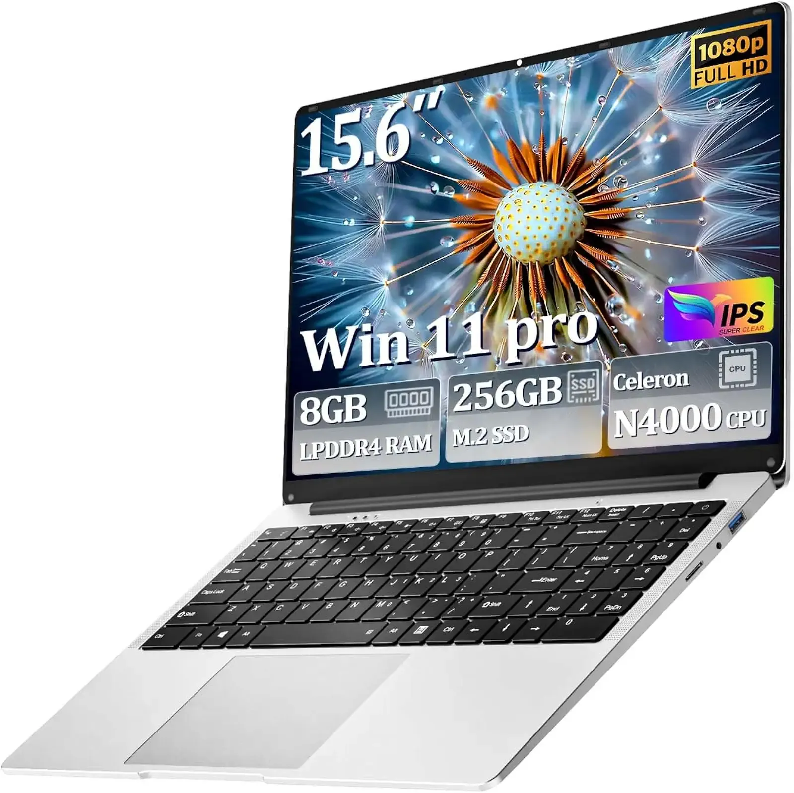 2026 Laptop, 15.6 Inch Laptop Computer, Ultra-Thin Lightweight Lap top, Celeron N4000, 8GB RAM 256GB SSD, FHD 1080P, 180° Open, Win 11 Pro, WiFi 2.4/5G, BT4.2,Mini HDMI for Student & Business, Silver