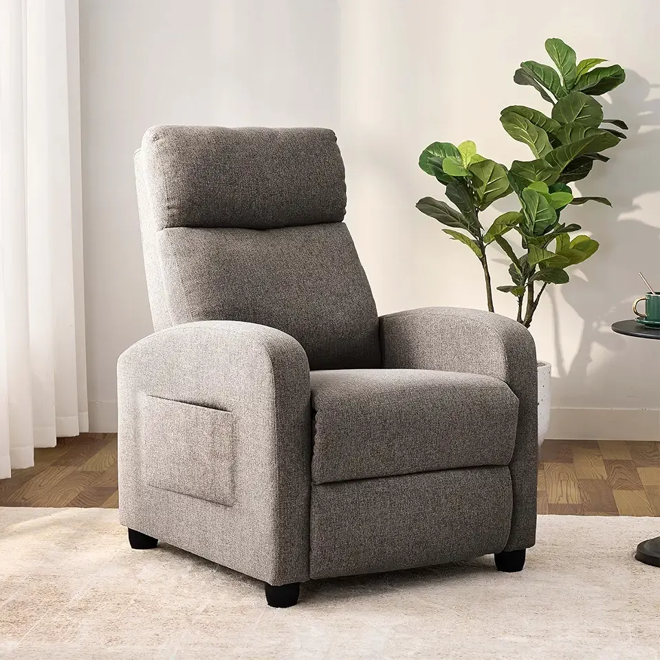 Recliner Chair for Living Room, Modern Adjustable Home Theater Seating Single Sofa Manual Push Back Armchair with Soft Linen Upholstery & High Backrest for Small Spaces, Linen-Gray