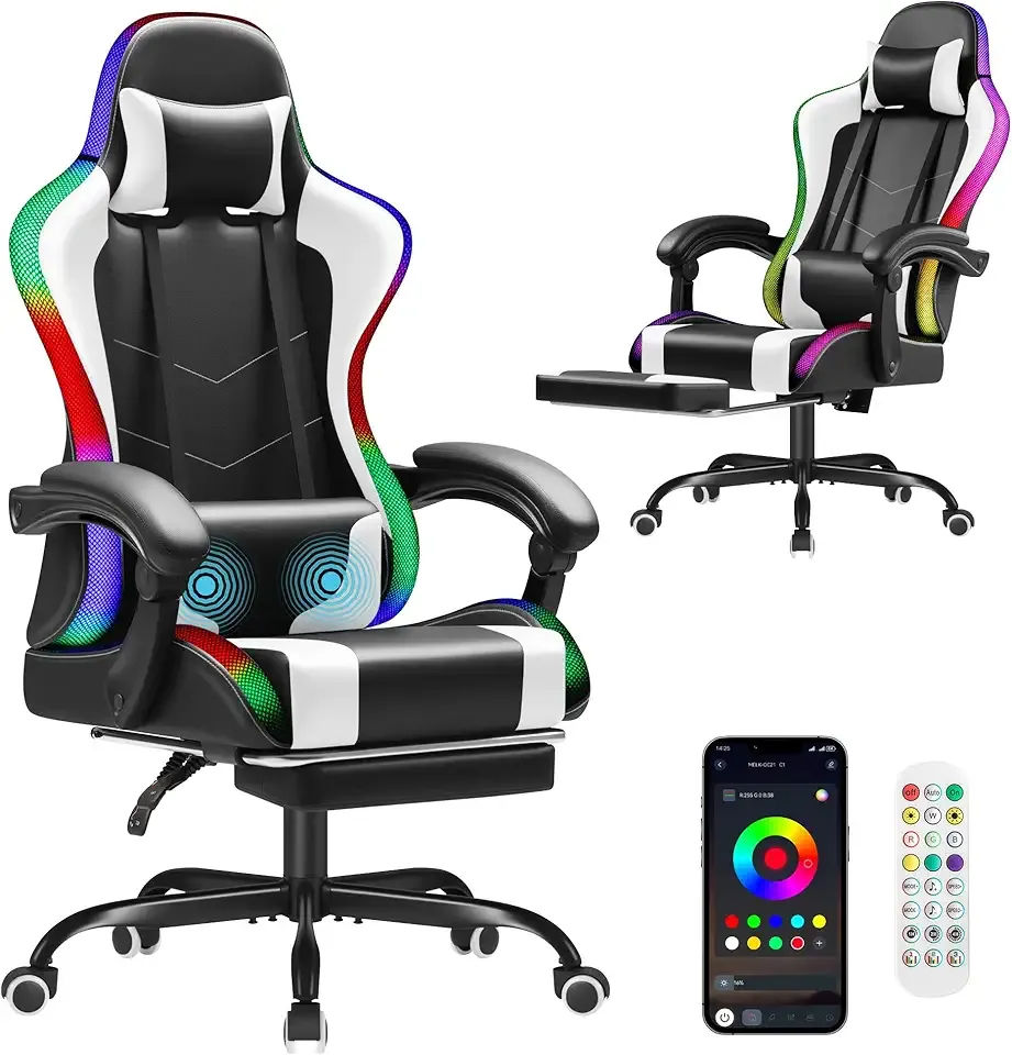 Homall Gaming Chair, Video Game Chair with Footrest and Massage Lumbar Support, Ergonomic Computer Chair Height Adjustable with Swivel Seat and Headrest (RGB Lvory)