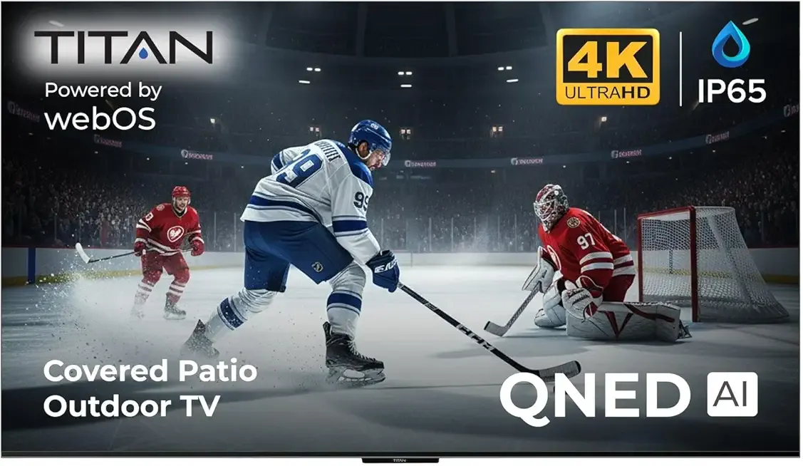 Titan L100 QNED 86" Covered Patio Smart Outdoor TV, IP65 Weatherproof, WebOS 4K, 144 Hz Bonus: Premium Tv Cover + LED Strip, Dlby Vision-Atmos, Assembled in USA 2 Yr Wty