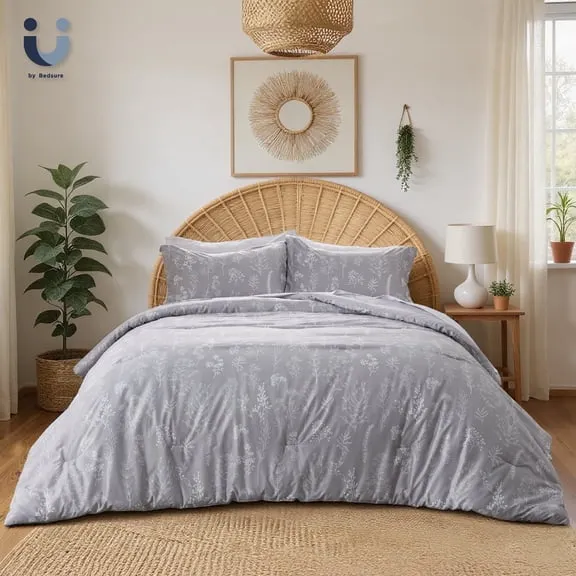 Cozy Comfort 3 Pieces Grey King Size Comforter Sets, Cute Flowers Botanical Lightweight Soft Bedding Set with 2 Pillow Shams $30.99