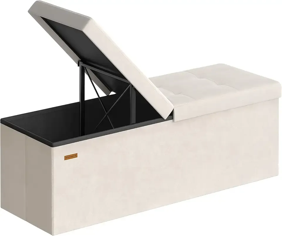 Mazie Collection - 43 Inches Storage Ottoman, Foldable Storage Bench with Flipping Lid, 660 lb Load Capacity, for Entryway, Living Room, Bedroom, Velvet Fabric, Cream White ULSF078LH01