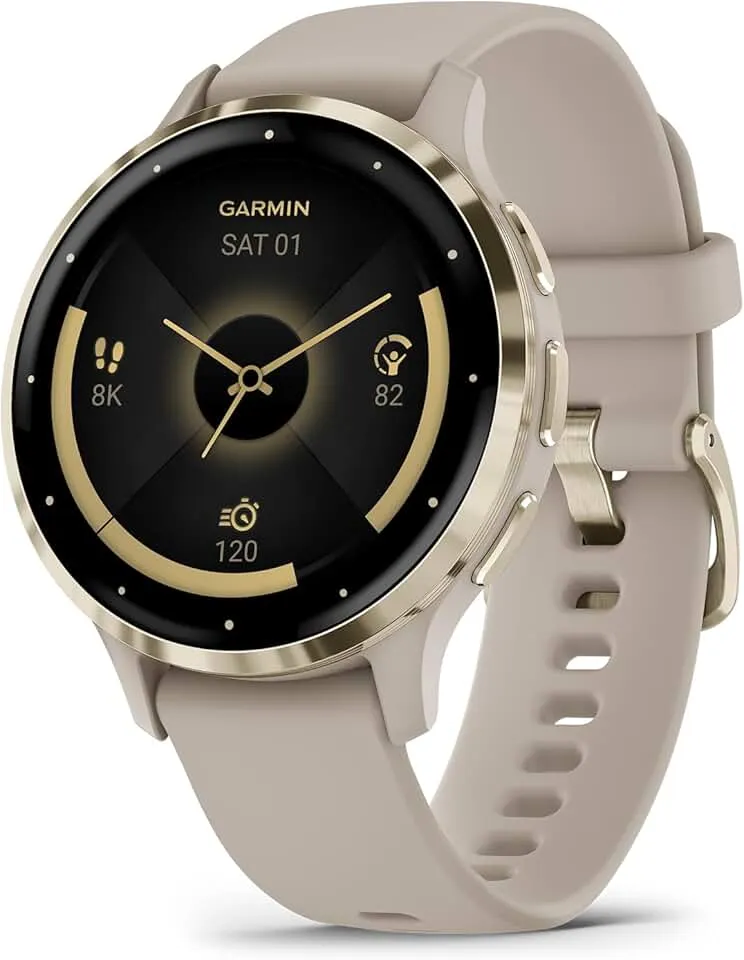 Garmin Venu 3S Soft Gold Stainless Steel Bezel 1.2-Inch AMOLED Touchscreen Display Smart Watch, Garmin Connect, Phone Supported with 41mm French Gray Case and Silicone Band
