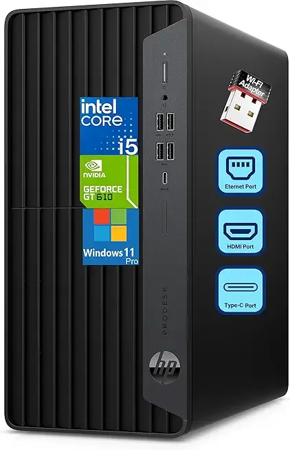 HP ProDesk 600 Microtower Business Desktop Computer, 32GB DDR4 RAM, 1TB PCIe SSD, Intel 6-Core i5-10400F, GeForce GT 610 2GB, WiFi Adapter, RJ45, HDMI, DVI-I Port, VGA, Type-C, Windows 11 Pro