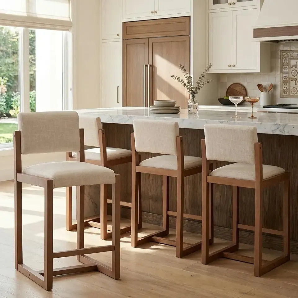 HNY 26" Counter Height Bar Stools Set of 4, Solid Rubberwood Frame with Beige Linen Upholstered Seat & Back, Modern Sled Base Barstools for Kitchen Island, Home Bar, Dining Room