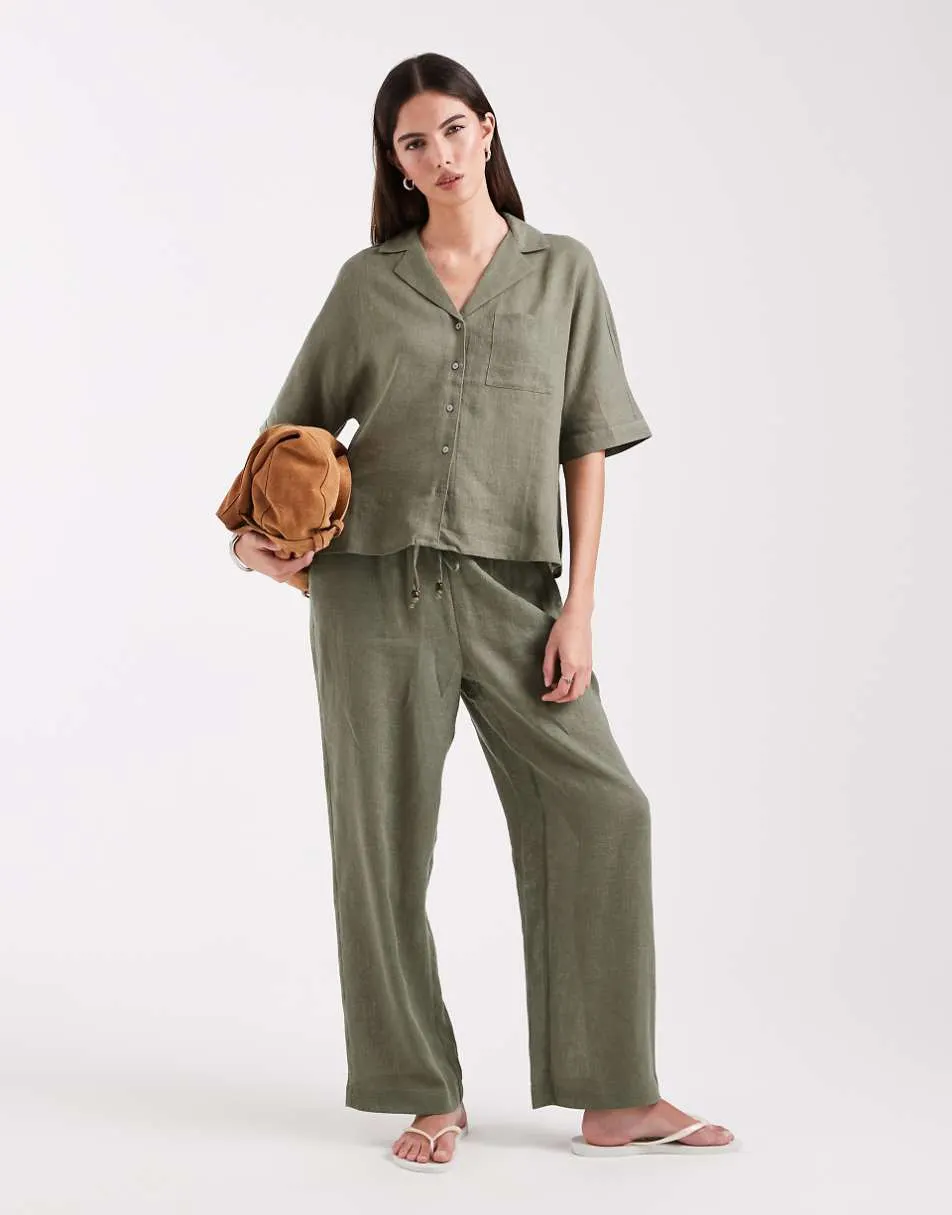 ONLY linen blend wide leg trouser co-ord in light khaki