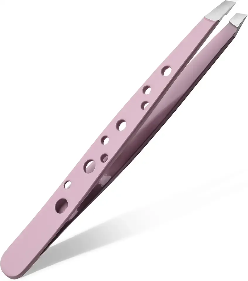 Premium Slant Tip Tweezers – Handmade Japanese Stainless Steel, Ultra-Precise Hair Removal Tool for Brows, Ingrowns & Splinters – Ergonomic 9-Hole Grip, Professional Salon Quality (Rose Quartz)