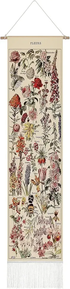 Tegeme Vintage Tapestry 52 x 13 Inch, Long Vertical Wall Hanging Reference Illustrative Botanical Tassel Tapestry for Bedroom Living Room Home Decoration(Flower)