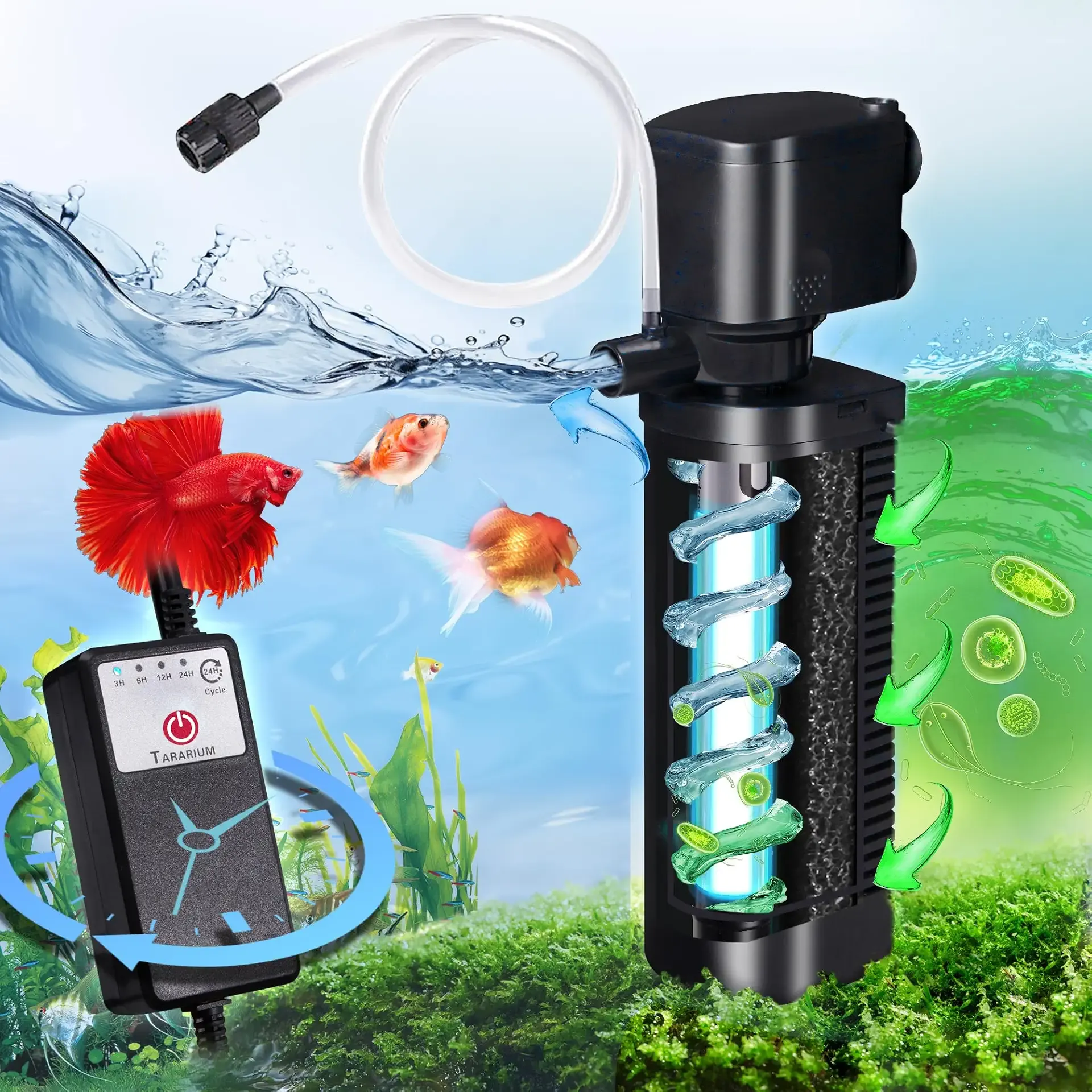 TARARIUM U-V Aquarium Filter for Fish Turtle Tank,Medium fit 20-75Gal | Bio Sponge+U-V Internal Filter, Clear Green Water, Green Killing, Aeration,Deodorize, Salt & Freshwater Crystal Clear,211GPH