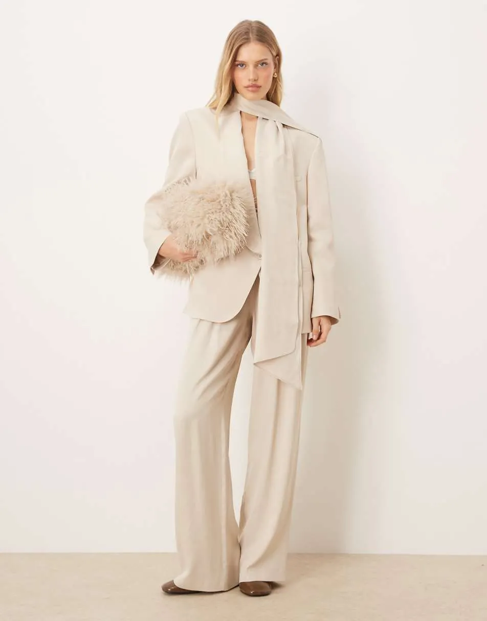 ASOS DESIGN occasion satin blazer with tie neck detail and deep pleat trousers in cream