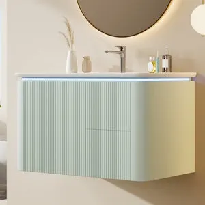 Mueble bajo lavabo suspendido de 80,5×47,5×51cm,iluminación LED con sensor de movimiento Radar,diseño resistente a los golpes,lavabo monobloque,verde